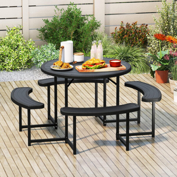 CostwayRound Picnic Table Bench Set Outdoor Circular Picnic Table with 4 Benches-Black