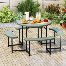 CostwayRound Picnic Table Bench Set Outdoor Circular Picnic Table with 4 Benches-Green