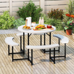 CostwayRound Picnic Table Bench Set Outdoor Circular Picnic Table with 4 Benches-White