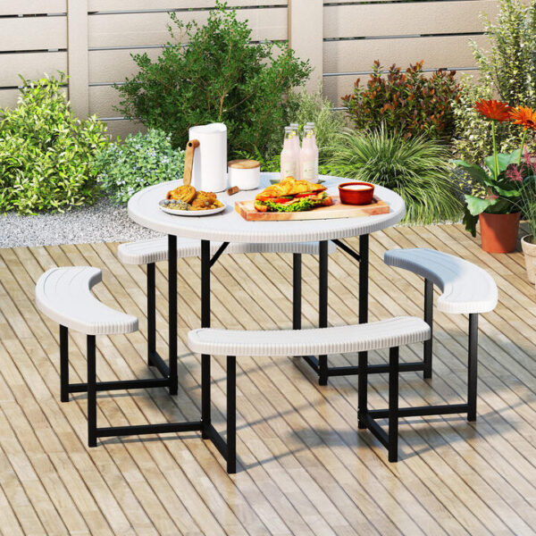 CostwayRound Picnic Table Bench Set Outdoor Circular Picnic Table with 4 Benches-White