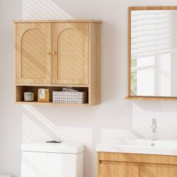 CostwayWall Mounted Bathroom Cabinet with 2 Rattan Doors Over The Toilet Cabinet-Natural