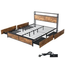 Double Bed Frame RGB LED 4 Drawers USB