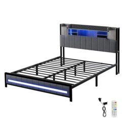 Double Bed Frame with Storage Headboard RGB LED
