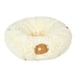 Foldable Cat Tunnel Bed - Plush Fluffy Play Tube with Toy Ball, Non-Slip Base & Wide Tunnel - Beige