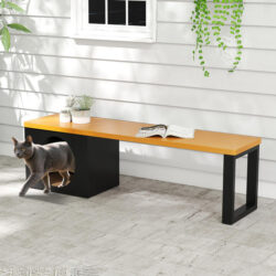Costway150 CM Long Outdoor Metal Bench with Cat House and 3-Person Seating-Coffee