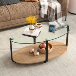 Costway2-Tier Modern Oval Coffee Table with Tempered Glass Tabletop for Home Office