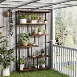 CostwayIndustrial Freestanding Plant Stand with Metal Net-Rustic Brown