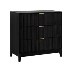 Design Square Raul Fluted 3-Drawer Lowboy Storage Cabinet - Black Chest with Gold Handles, Solid Pine Accents