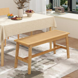 Costway100cm Bamboo Dining Bench with Handwoven Rattan Seat-Natural