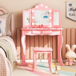 Costway2-in-1 Kids Vanity Table and Stool Set with Tri-Folding Mirror-Pink