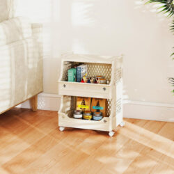 Costway2/3/4/5 Tier Rolling Laundry Basket with Wheels Stackable Plastic Storage Cart -Beige-2-Tier