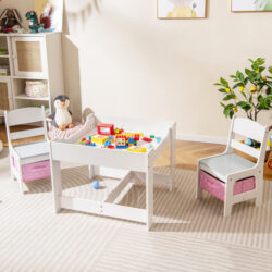 Costway3-In-1 Kids Multi Activity Table & 2 Chairs Set for Toddlers-Light Pink