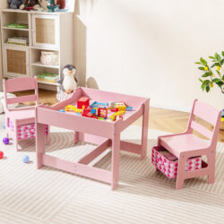 Costway3-In-1 Kids Multi Activity Table & 2 Chairs Set for Toddlers-Pink & White