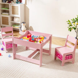 Costway3-In-1 Kids Multi Activity Table & 2 Chairs Set for Toddlers-Rose