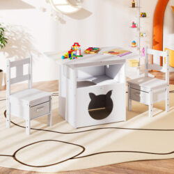 Costway3 Pieces Wooden Kids Table and Chairs Set with Cat House and Storage Fabric Bins-White