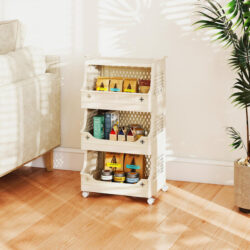 Costway3 Tier Rolling Laundry Basket with Wheels Stackable Plastic Storage Cart -Beige-3-Tier