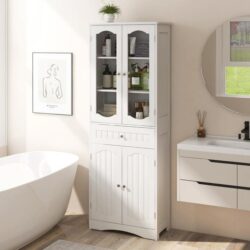 Costway160 CM Tall Bathroom Storage Cabinet with 2 Glass Doors and Adjustable Shelves-White