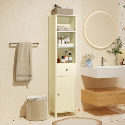 Costway170cm Tall Bathroom Cabinet Narrow Floor Cabinet with Fluted Door-Beige