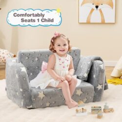 Costway2-in-1 Folding Kids Couch with Blanket for 3+ Kids-Grey