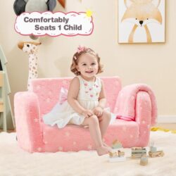 Costway2-in-1 Folding Kids Couch with Blanket for 3+ Kids-Pink