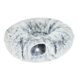 "Foldable Cat Tunnel Bed - Plush Play Tube with Pom-Pom Toy, Non-Slip Base, Large 26cm Tunnel - Grey