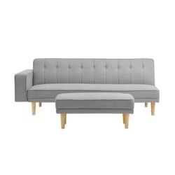 Lucia Modern 3-Seater Velvet Fabric Lounge Sofa W/ Ottoman - Light Grey