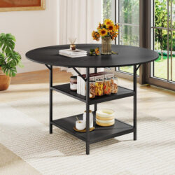 Costway120 CM Round Dining Table with 2-Tier Storage Shelf and Heavy-duty Metal Frame-Black