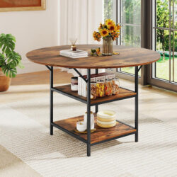 Costway120 CM Round Dining Table with 2-Tier Storage Shelf and Heavy-duty Metal Frame-Brown