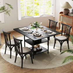 Costway120 cm Rectangular Kitchen Table with 2-tier Storage Shelves and Metal Legs-Black