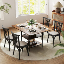 Costway120 cm Rectangular Kitchen Table with 2-tier Storage Shelves and Metal Legs-Rustic Brown