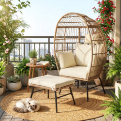 CostwayPE Rattan Egg Chair with Ottoman and Comfy Cushions for Balcony-Beige