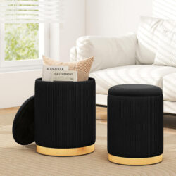 CostwayVelvet Storage Ottoman Set of 2 Modern Round Ottoman-Black