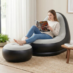 CostwayInflatable Lounge Sofa with Ottoman Portable Air Sofa for Adults with Flocked Surface-Grey