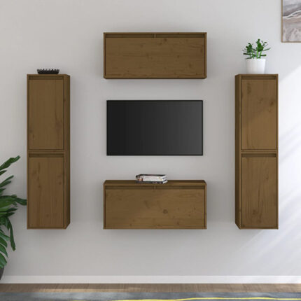 Akos Wall Hung Solid Pinewood Entertainment Unit In Honey Brown