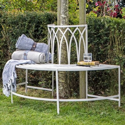 Albion Outdoor Metal Tree Seating Bench In Distressed White