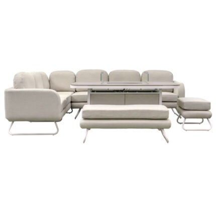 Alcona Garden Dining Set With Fire Pit Table In Linen