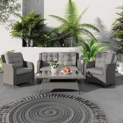 Alex Grey Rattan Garden 2 Seater Sofa and 2 Armchairs With Coffee Table