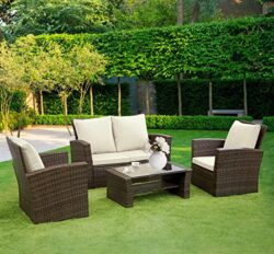 Amanda Brown/Beige Rattan Garden 2 Seater Sofa and 2 Armchairs With Coffee Table