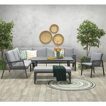 Aultbea Outdoor Fabric Lounge Dining Set In Light Grey