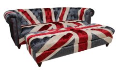 Chesterfield 3 Seater Sofa Plush Velvet With Matching Footstool In Union Jack Style
