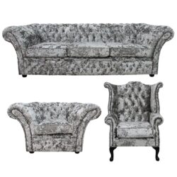 Chesterfield 4 Seater + Club Armchair + Queen Anne Chair Lustro Argent Velvet Fabric Sofa Suite In Balmoral Style