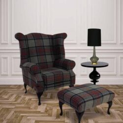 Chesterfield Fireside High Back Armchair + Footstool Wool Tweed Benin-gbo-rough Graphite Check In Queen Anne Style