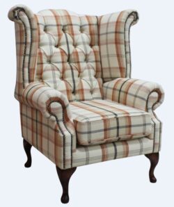 Chesterfield High Back Armchair Balmoral Autumn Checked Fabric In Queen Anne Style