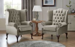 Chesterfield Queen Anne Beatrice + Carlton Flat Wing Armchairs Malta Putty 09