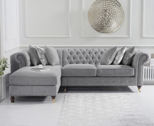 Chiswick 3 Seater Grey Linen Left Facing Chesterfield Corner Chaise Sofa