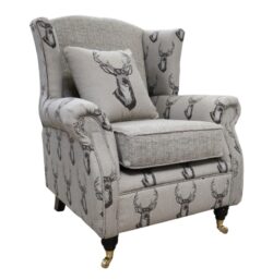Fabric Wing Chair Fireside High Back Armchair Deer Print Charcoal Brown
