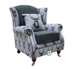 Fabric Wing Chair Fireside High Back Armchair Deer Print Charcoal Grey