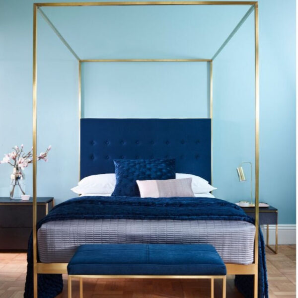Gillmore Bed Federico Brass Frame & Canopy Midnight Blue Upholstered Headboard Bed / Double