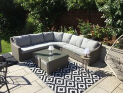 Kian Large Corner Grey Rattan Garden Sofa Set With Square Coffee Table 4 Stools In Grey