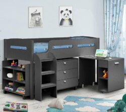 Kimbo - Single - Kids Cabin Bed Frame - Dark Grey - Anthracite - Drawers and Desk - 3ft